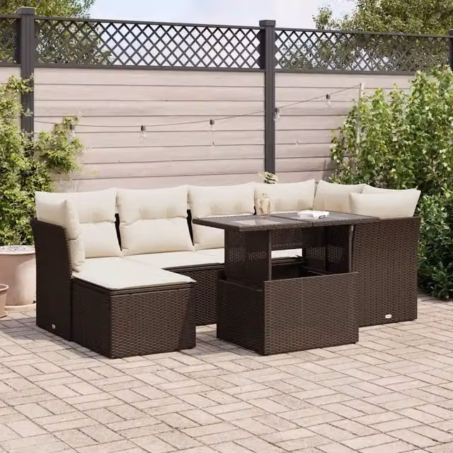 Set Divani da Giardino 7 pz con Cuscini Marrone in Polyrattan 3326194