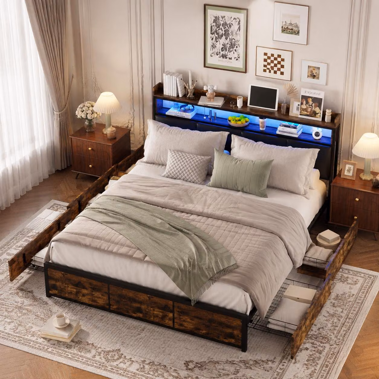 INONEFT, letto imbottito 160 × 200 cm, letto matrimoniale con quattro cassetti, letto per adulti con rete a doghe, letti per ragazzi, testiera con spazio contenitore e illuminazione LED, materiale: PU