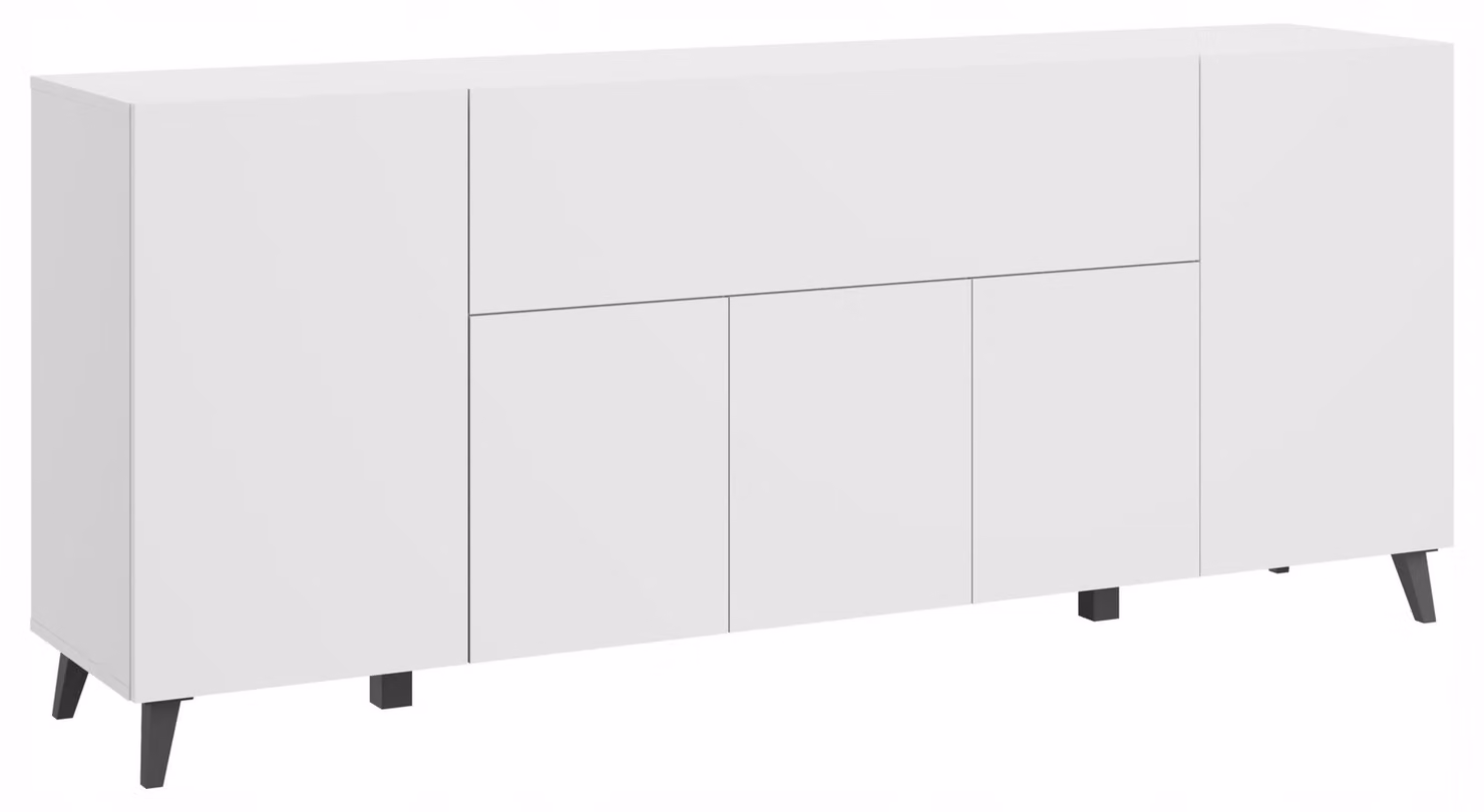 Comò da 180 cm per il soggiorno, con gambe, bianco opaco, design minimalista