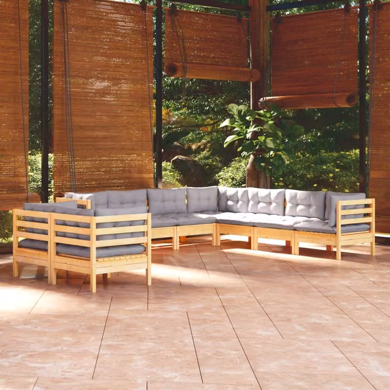 The Living Store Set da 9 pezzi per salotto da giardino con cuscini grigi in legno di pino massiccio