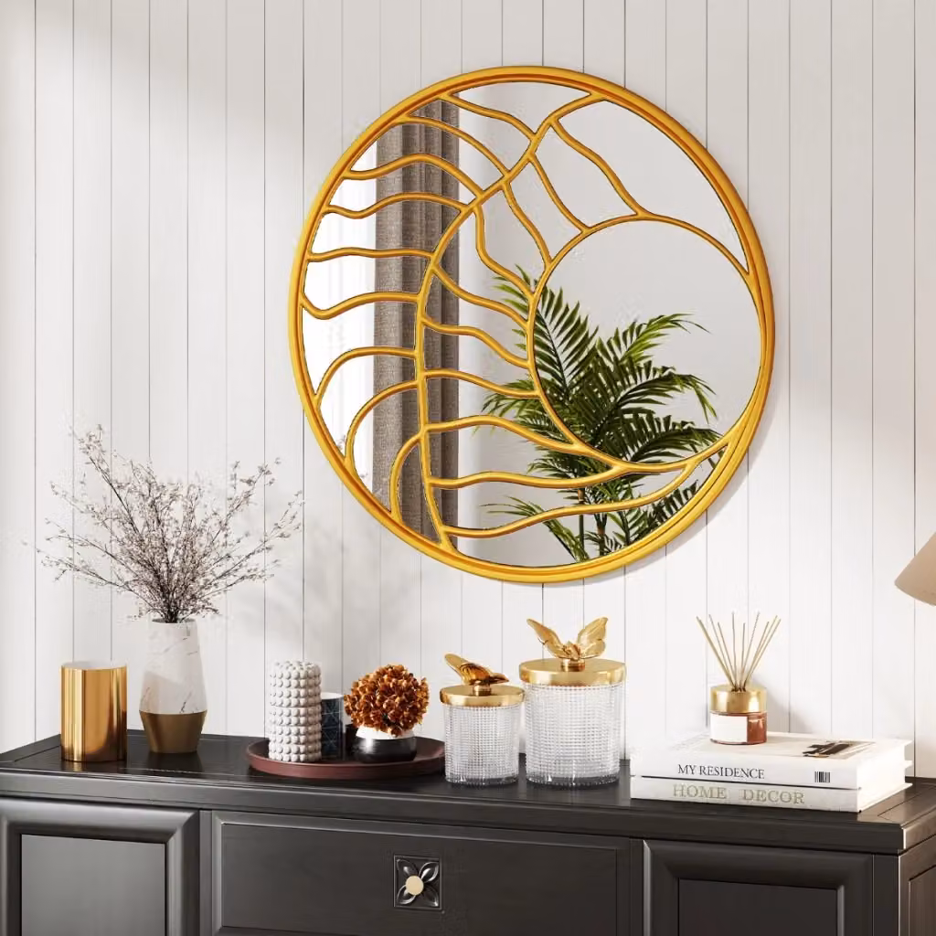Specchio da parete rotondo DESIGN IN con cornice irregolare abstract, colore oro, Diametro: 80 cm – 2