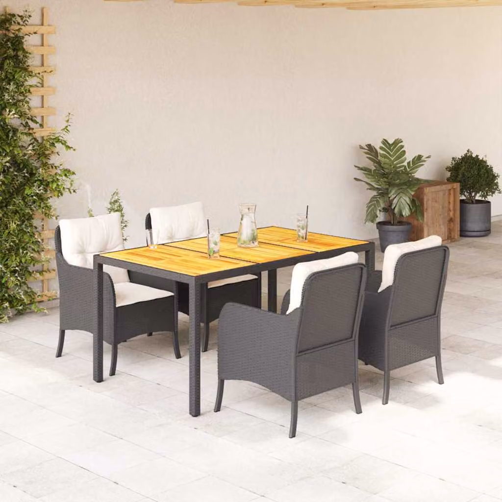 Set da Pranzo da Giardino Moderno vidaXL in Legno di Acacia e Metallo Nero con Cuscini Bianchi – 1