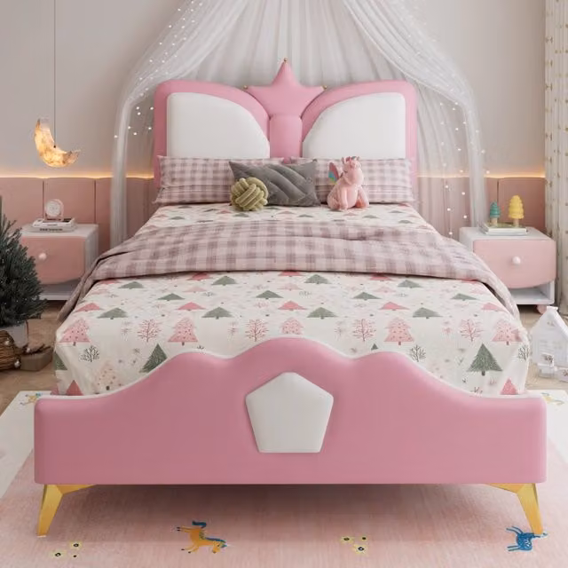 Letto Imbottito per Bambini Komhtom con Testiera a Corona, Rosa, Bianco e Oro, L/P/H: 90 x 200 x 104 cm