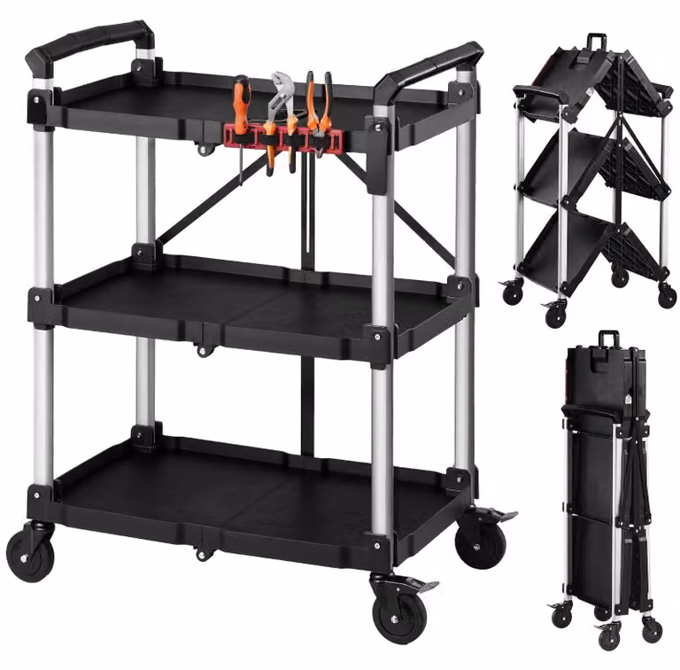 Carrello da officina / carrello di servizio - Carrello pieghevole su ruote - 3 ripiani - Capacità di carico: 136 kg - 4 ruote con freno - Materiale: plastica ABS - Adatto per garage, magazzini, officine - Colore: nero