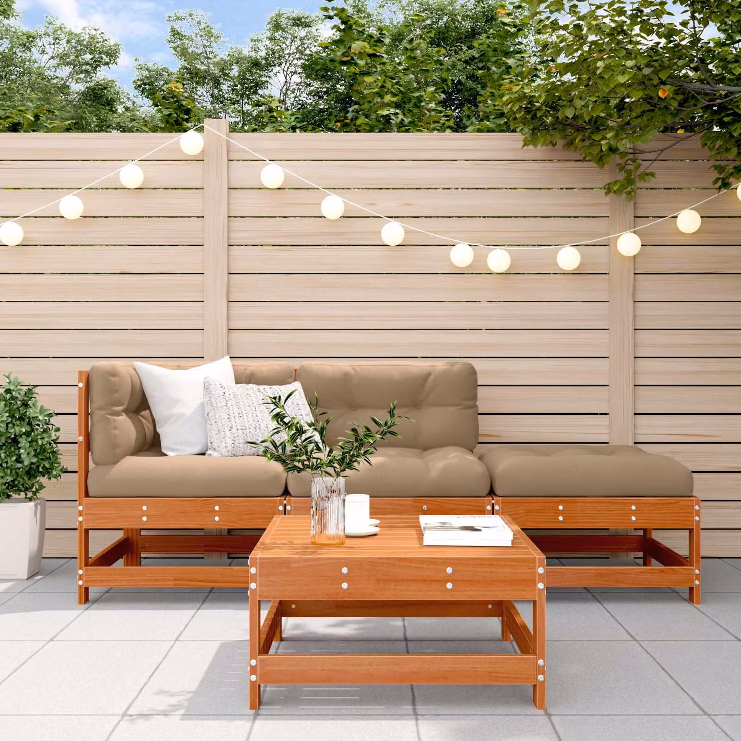 Set Lounge da Giardino vidaXL 4 pz in Legno di Pino Cerato Marrone con Divano a L, Tavolino, Elemento Angolare e Pouf e Cuscini Inclusi