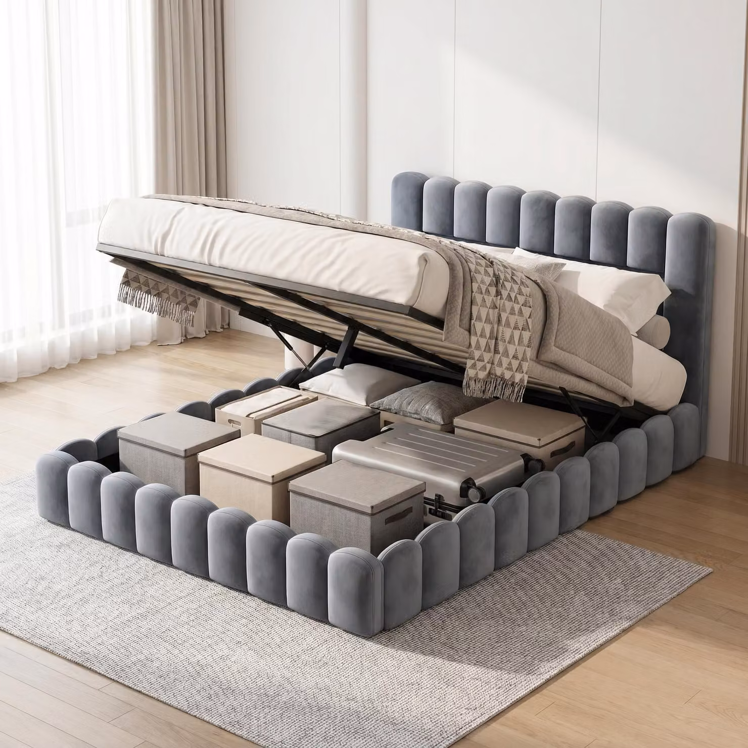 Letto imbottito con boxspring, dimensioni 180x200 cm, con illuminazione LED e prese USB, contenitore a sollevamento idraulico, struttura letto con contenitore, rivestito in velluto, colore grigio scuro