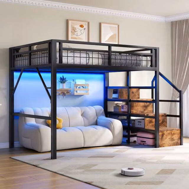 Letto a soppalco MIVRAY nero con scala contenitore e barra LED integrata regolabile tramite app, in metallo e MDF, L/P/H: 252 x 140 x 160 cm – 1