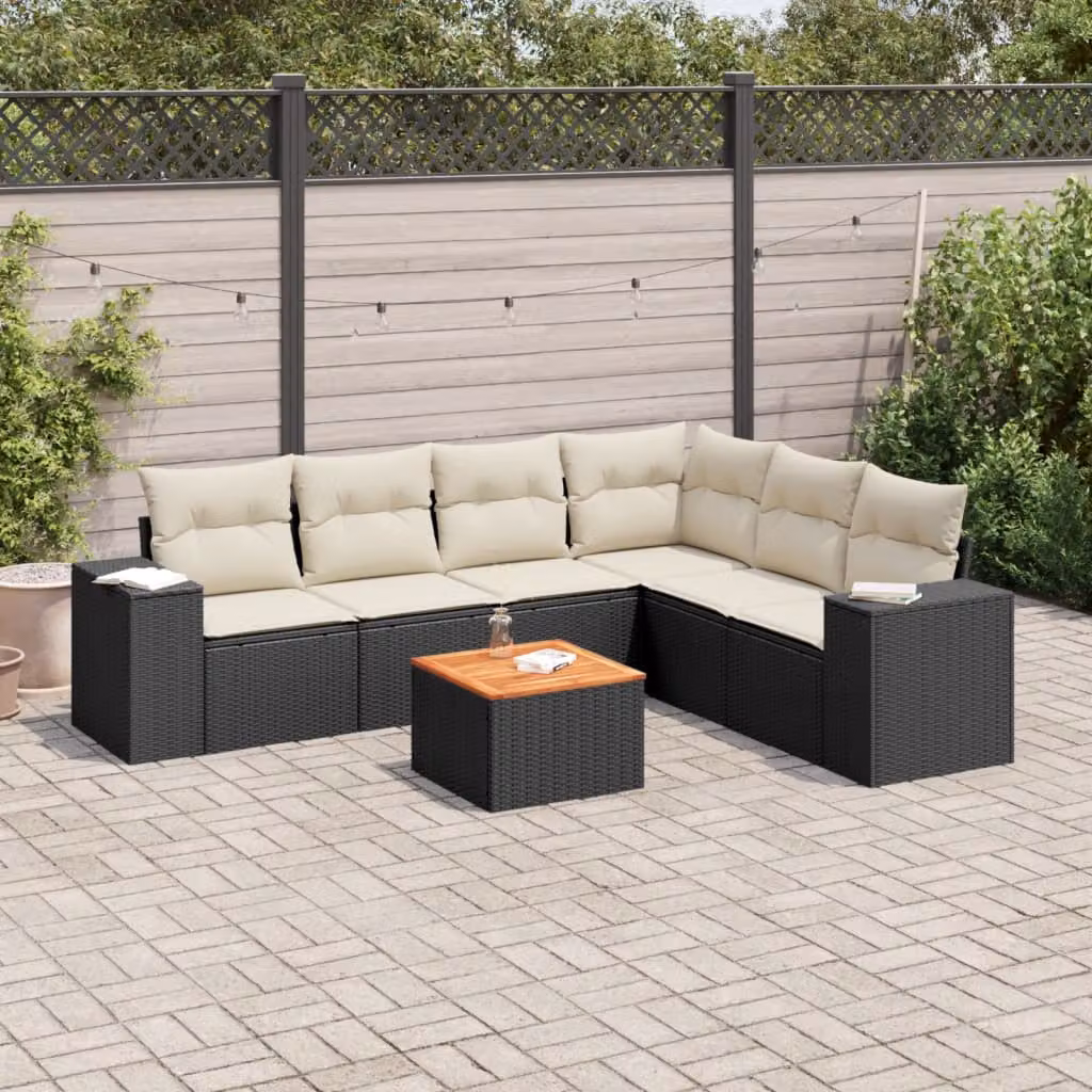Set Divani da Giardino a L vidaXL in Polyrattan Nero con 7 Cuscini e Tavolino da Esterno – 1