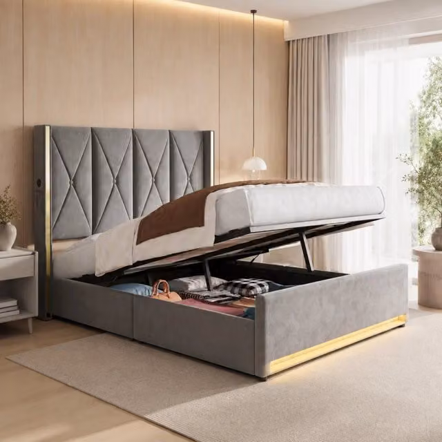 Letto matrimoniale contenitore MODFU in velluto grigio con testiera alta, illuminazione LED, porte USB e Type-C, L/P/H: 160 x 200 x 110 cm