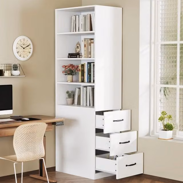 Libreria Alta con Cassetti e Ripiani Regolabili ¨C MINIMAL ¨C Legno, Slim, Soggiorno
