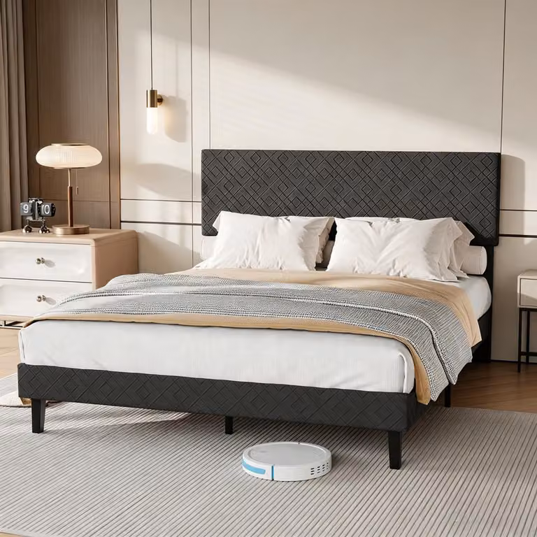 Letto imbottito INONEFT, 160x200 cm, con rete a doghe e struttura in metallo robusta. Elegante struttura del letto con testiera imbottita, letto matrimoniale, letto per ragazzi, colore: grigio