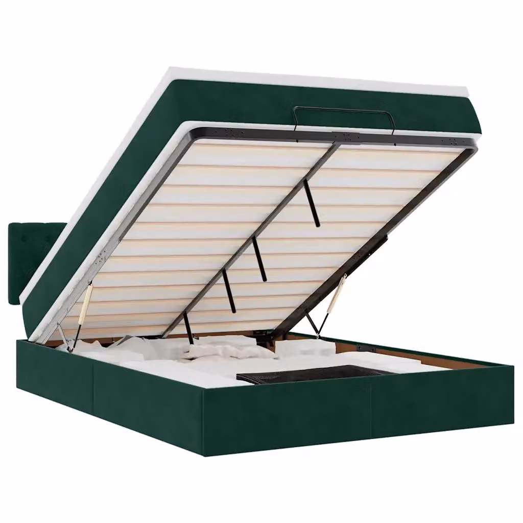 vidaXL Struttura Letto con Materasso e Contenitore Lift-up in Velluto Verde e Bianco L: 200 cm, P: 140 cm, H: 88 cm – 2