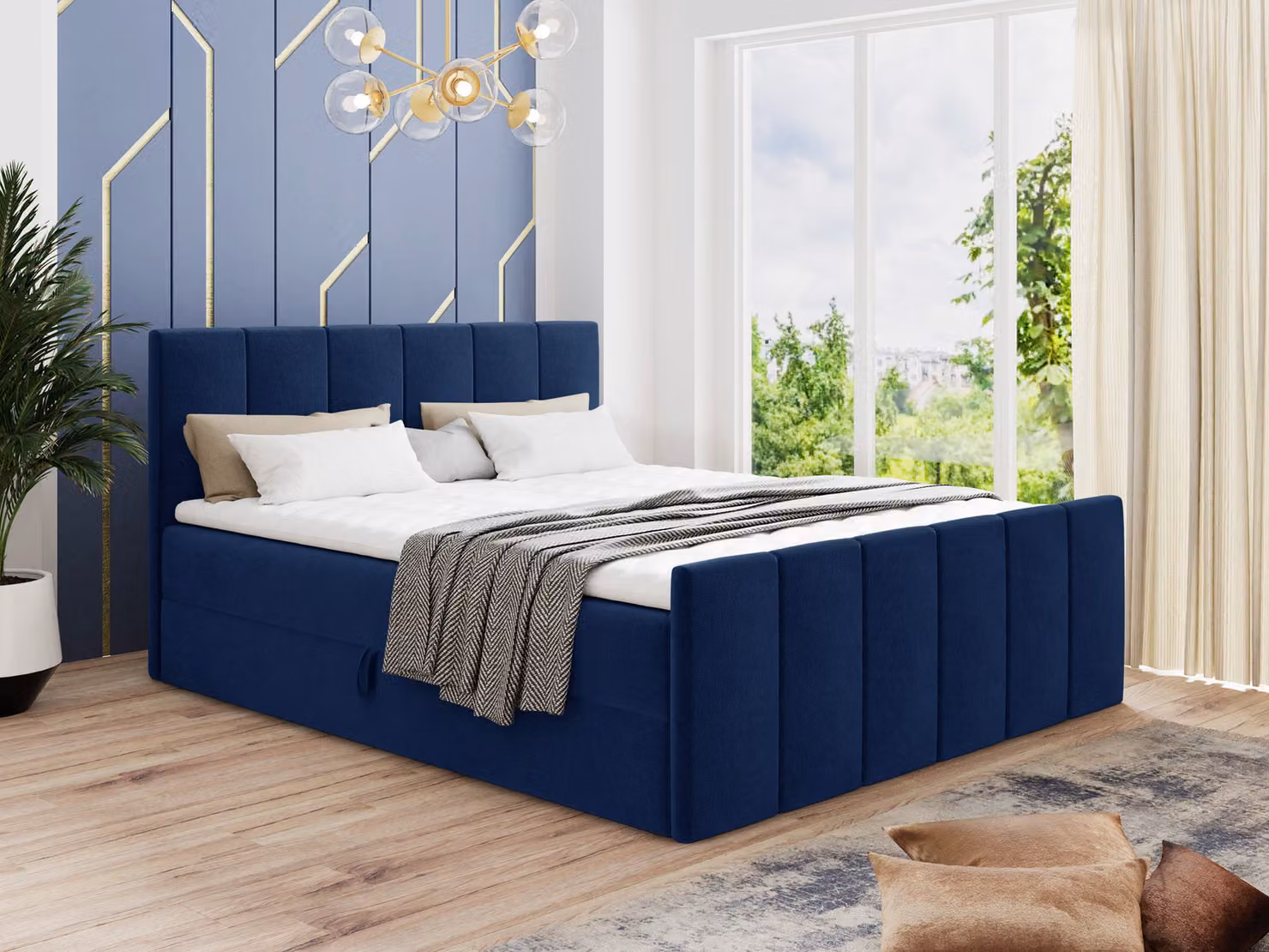 Letto boxspring Star Lux con pediera, 2 cassetti e coprimaterasso - Letto matrimoniale con coprimaterasso, materasso Bonell, letto imbottito, letto (blu scuro (Kronos 09), 140 x 200 cm)