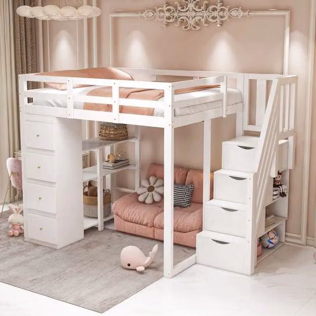 Letto a soppalco con cassetti e scaffali ¨C Minimal ¨C bianco in pino massello 140x200cm