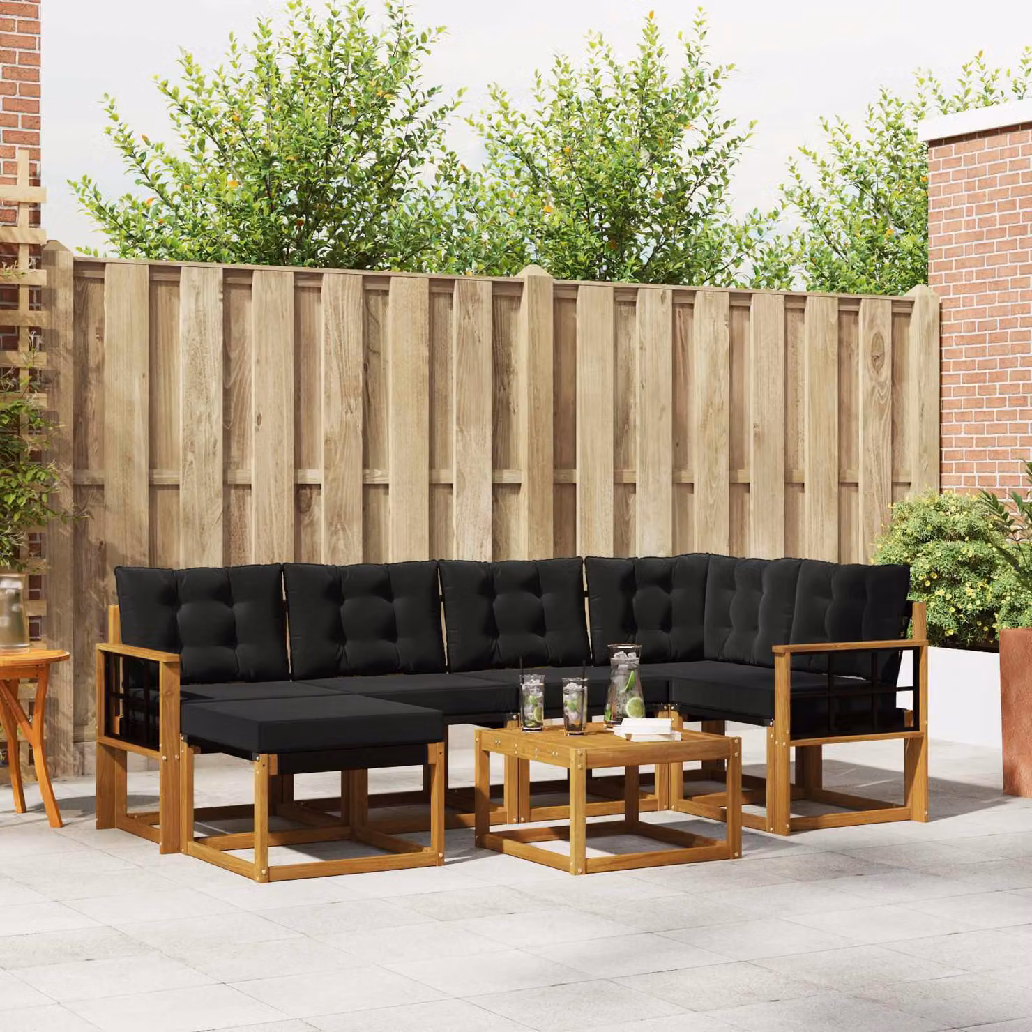 Set di divani da esterno vidaXL 7 pz in legno di acacia con cuscini e tavolino, colore marrone e nero