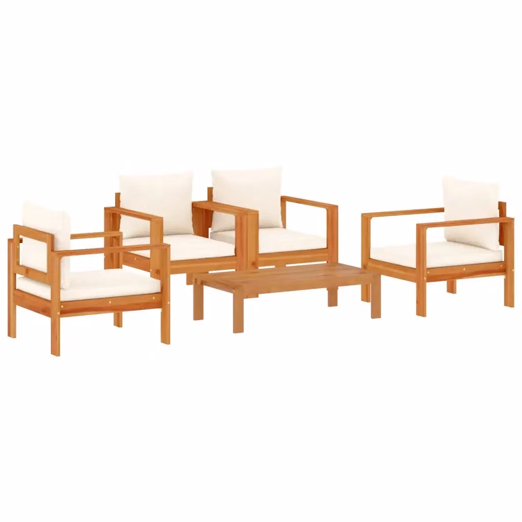 vidaXL Set Divano da Giardino 5 pz in Legno di Acacia con Cuscini Imbottiti e Tavolino da Caffè, Marrone e Bianco – 2