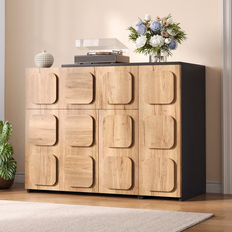 Mobile contenitore MODFU con ampio spazio di stoccaggio, cassettiera in legno con cassetti e ripiani aperti, credenza con ante a spinta, mobile angolare moderno a forma di L, colore nero e marrone