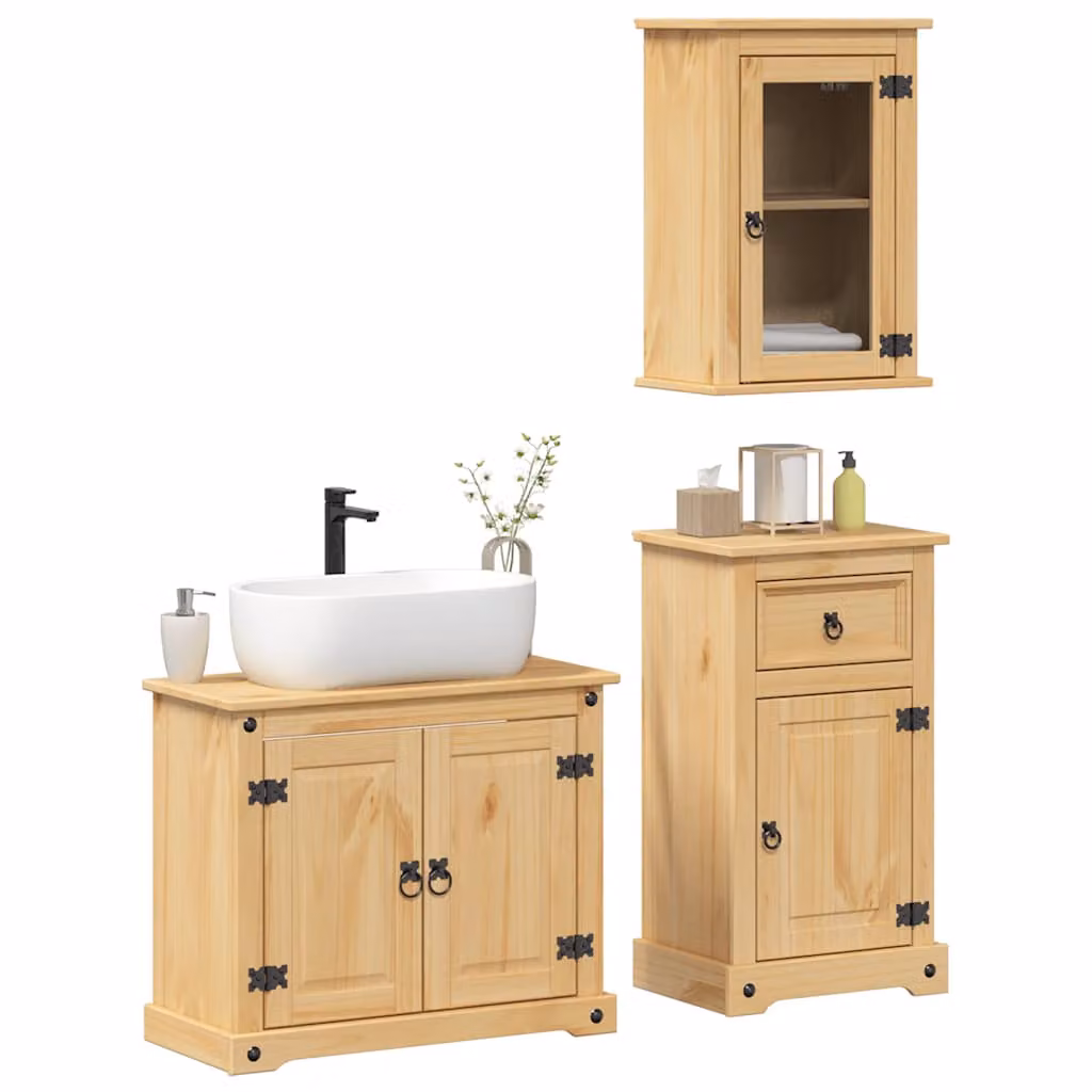 Set di mobili da bagno vidaXL Corona in 3 pezzi in legno di pino massello color beige e marrone con finitura cerata e stile rustico