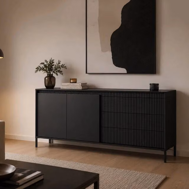 Madia Hatone DMORA con 3 cassetti, colore nero, L: 187 cm, P: 40 cm, H: 81 cm
