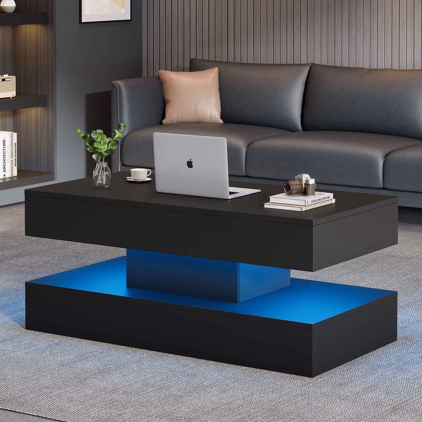okwish Tavolino, Tavolino con illuminazione a LED e portaoggetti nascosto - Tavolo pieghevole con sollevamento idraulico, nero