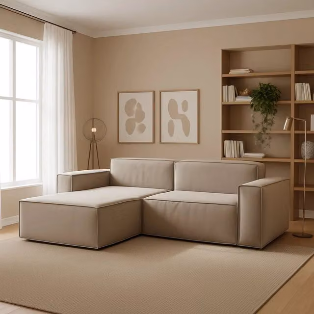 Divano componibile Alhoa Talamo Italia con penisola sinistra, modello moderno in tessuto beige con funzione letto e coperture rimovibili, L: 220 cm, P: 170 cm, H: 70 cm
