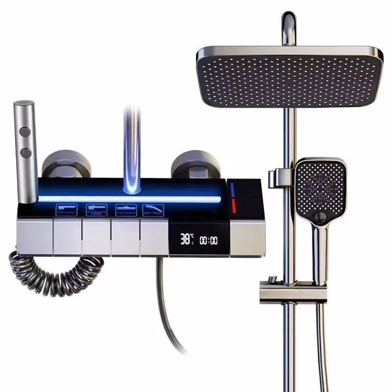 Set doccia con display digitale - Rubinetto per doccia a pioggia - Ottone - Finitura galvanica - Doccetta per bidet - Grigio chiaro