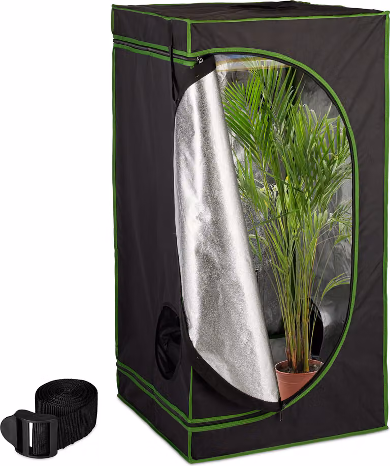 Tenda da coltivazione Relaxdays, A x L x P: 120 x 60 x 60 cm, rivestimento interno riflettente, opaca, tenda da coltivazione per interni, nero/verde