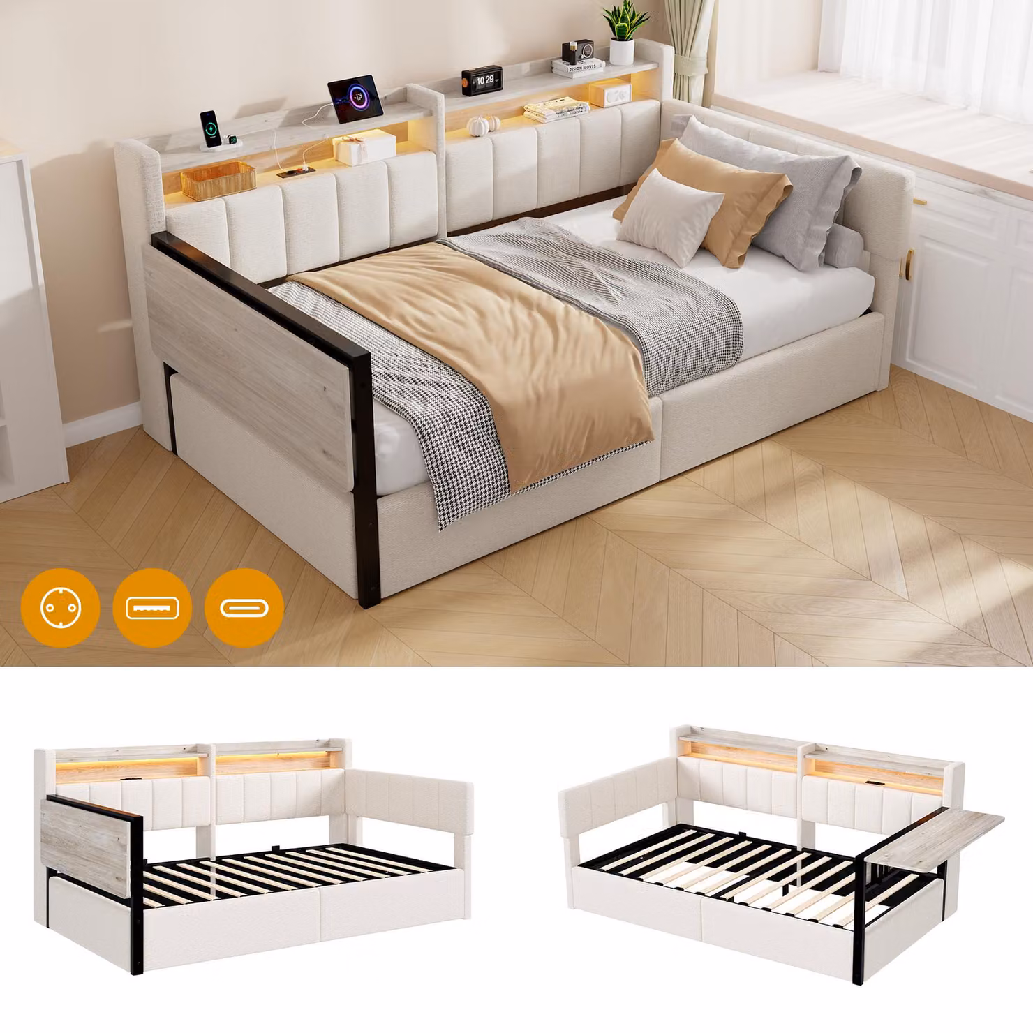 Letto a giorno 90 x 200 cm con spazio contenitore a sollevamento idraulico, luci LED RGB, porte USB e USB-C, tavolino pieghevole e ripiani modulari, rivestito in velluto, colore bianco/grigio