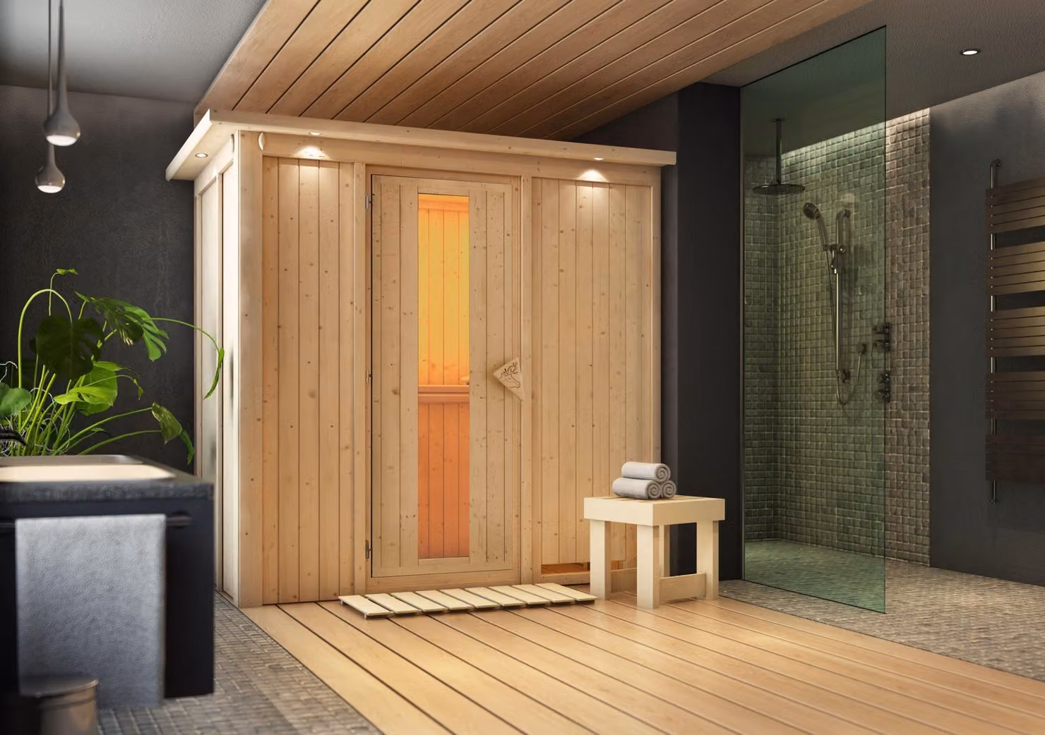 Sauna Variado: senza illuminazione per il soffitto: 9 kW, stufa a bioetanolo + centralina Easy * Porta: porta in legno isolata. * Illuminazione del soffitto: senza illuminazione. * Stufa: 9 kW, stufa a bioetanolo + centralina Easy * Porta della sauna: por