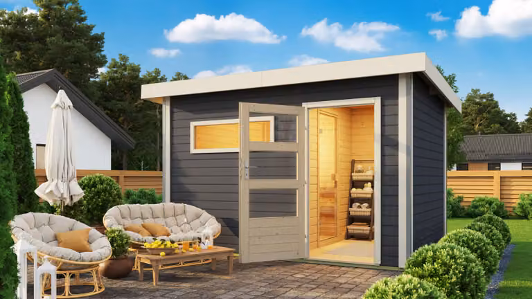 Sauna da giardino Casa della sauna Karibu Skrollan 2 grigio 38mm riscaldatore 9kWmoderno