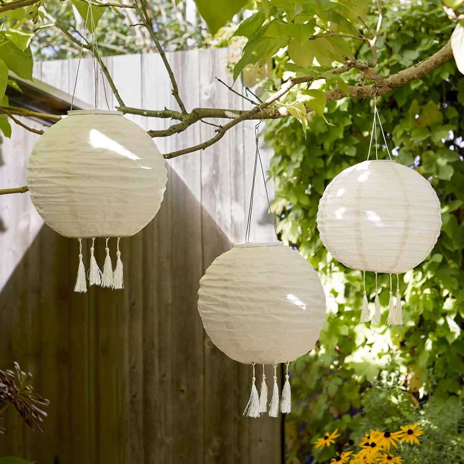 Set di 3 lanterne solari, color crema, con luci LED bianco caldo, altezza 30 cm