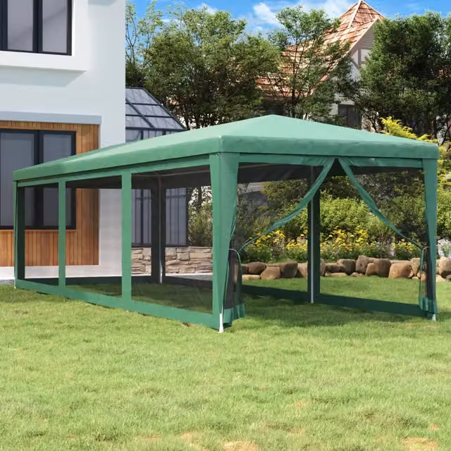 Tenda Gazebo per Feste Verde con 8 Pareti Laterali in Rete L: 9 m, P: 3 m
