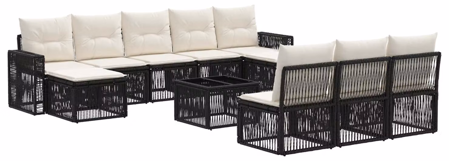 Set Divano da Giardino 11 pcs Nero e Bianco Crema polyrattan