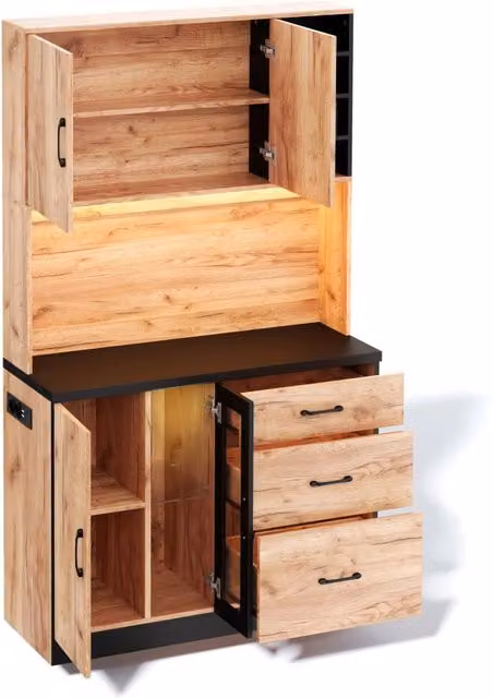 Armadio alto da cucina 105x40x180 cm nero e effetto legno con illuminazione LED e prese di corrente europee