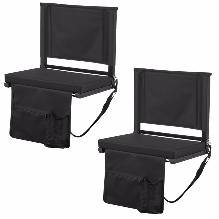 SucceBuy Sedile pieghevole da stadio con schienale, seduta imbottita con tracolla, portabevande, gancio e tasca laterale, sedia da stadio (larghezza 431,8 mm) Nero, set da 2 pezzi
