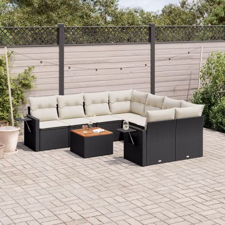 vidaXL Set Divani da Giardino 9 pz a Forma a L in Polyrattan con Cuscini Bianchi e Nero