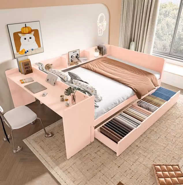 Letto matrimoniale rosa 140x200 cm con scrivania, ripiani e 2 cassetti
