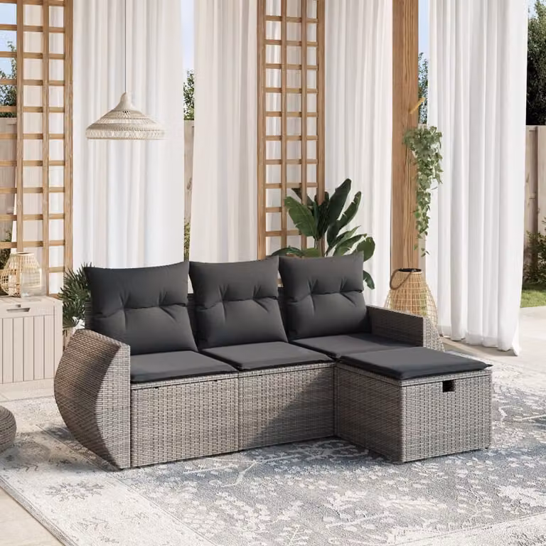 vidaXL Set Divani da Giardino a L 4 pz in Polyrattan Grigio con Cuscini e Struttura in Acciaio
