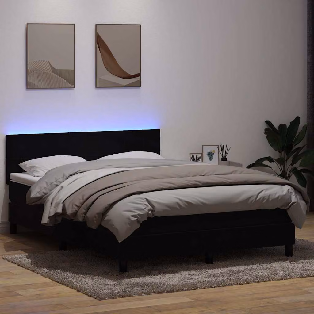 Letto a molle con materasso ibrido vidaXL in velluto nero con illuminazione LED e porta USB L: 160 cm, P: 213 cm