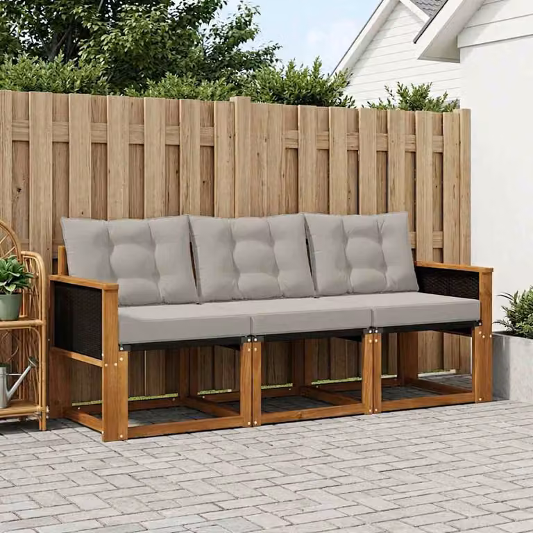 Set di divani da esterno vidaXL in legno di acacia trattato con cuscini beige e grigi e seduta in textilene