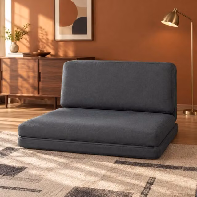 Divano a terra 3-in-1 pieghevole in tessuto effetto velluto grigio scuro, letto imbottito fino a 240 kg per soggiorno e camera