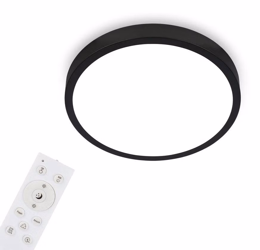 BRILONER - Lampada da soffitto a LED RGBW, Lampada da soffitto a LED dimmerabile, colori di luce colorati, bianco neutro, lampada a superficie, telecomando, nero, Ø380x50 mm