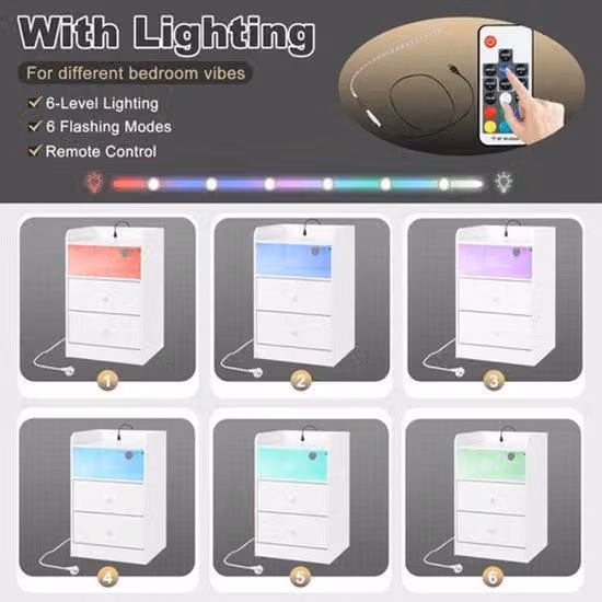 Tavolino da notte con stazione di ricarica - Set da 2 - Tavolino da notte con 2 porte USB - 2 prese di corrente - Tavolino da notte con illuminazione LED regolabile - Legno - Mobile per camera da letto - 40x64x35 cm - Bianco