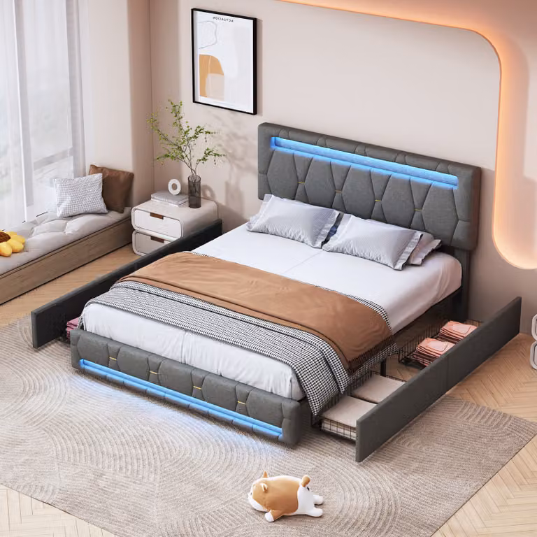 letto 160x200 cm con illuminazione a LED e connessione USB, rete a doghe, letto imbottito con 4 cassetti e ampio spazio di archiviazione, grigio