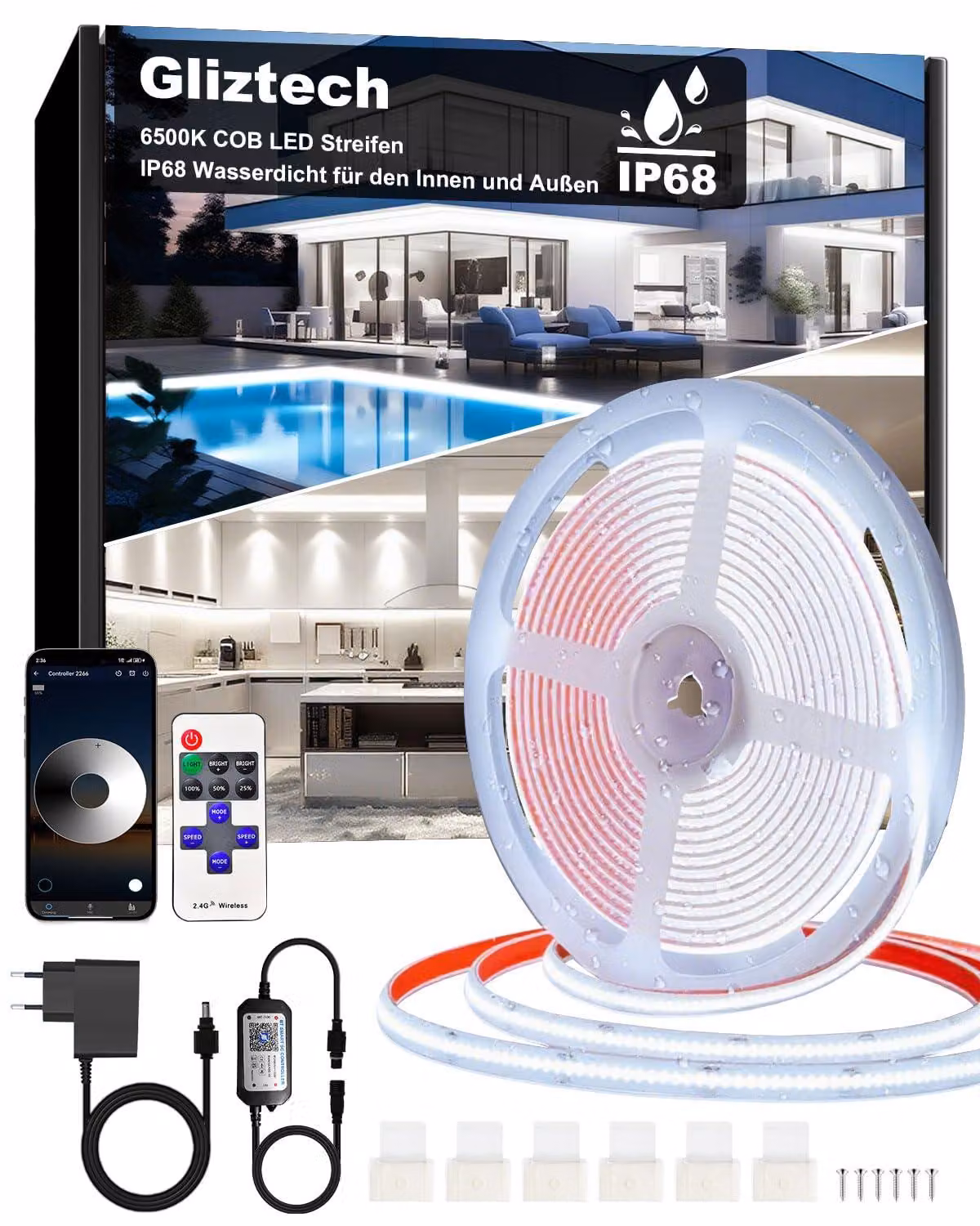 Striscia LED COB, grado di protezione IP68, 15 metri, 24V, dimmerabile, controllo tramite app e telecomando, temperatura di colore 6500K