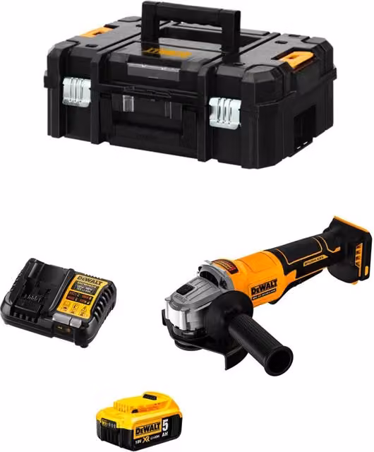 Mini-Smerigliatrice DeWALT DCG408P1T Gialla con Batteria da 5,0 Ah e Caricabatterie DCB1104 e Custodia TSTAK II