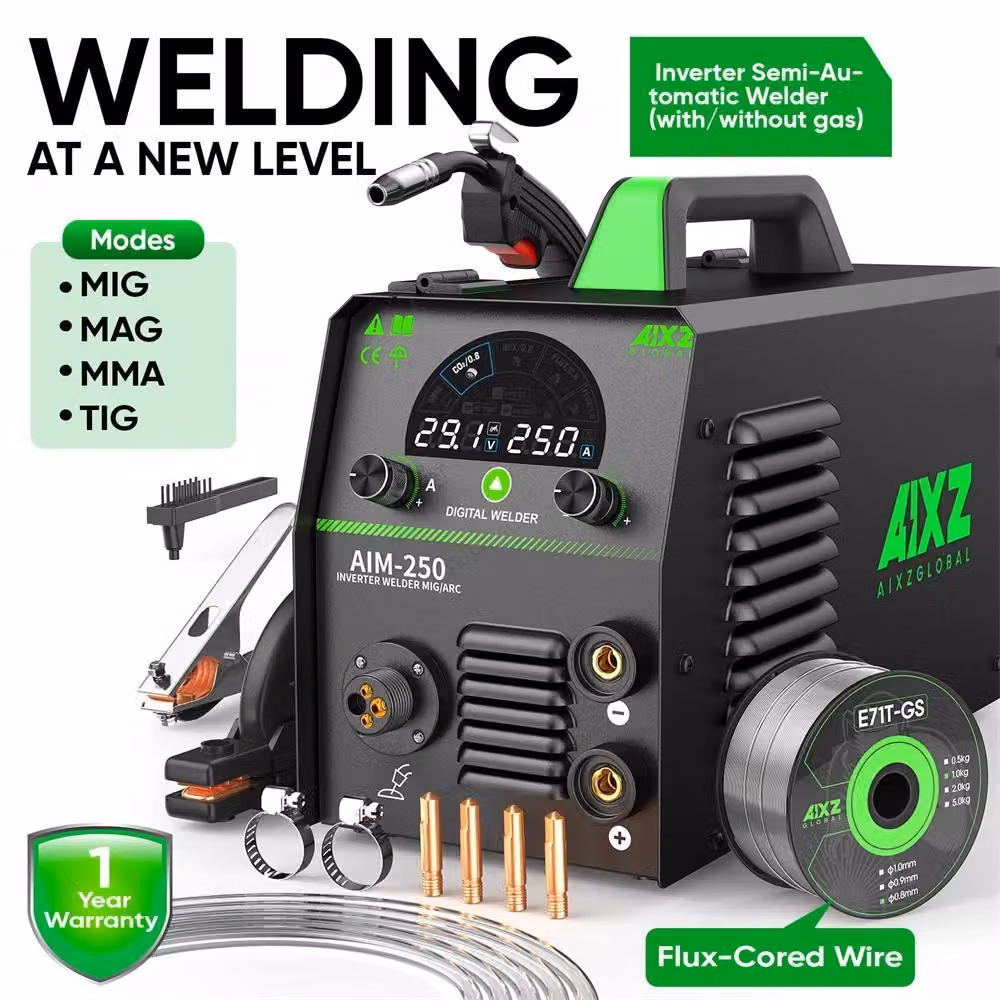 Saldatrice AIM250 - Inverter 5 in 1 MIG MAG TIG MMA - 220 V con spina UE - senza gas/MIG a gas - filo da 1–5 kg, 0,8–1,0 mm - semiautomatica