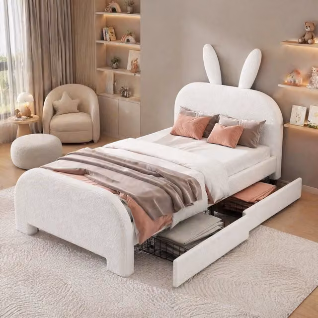 Letto singolo per bambini 90x200 cm con coniglio, 2 cassetti, bianco