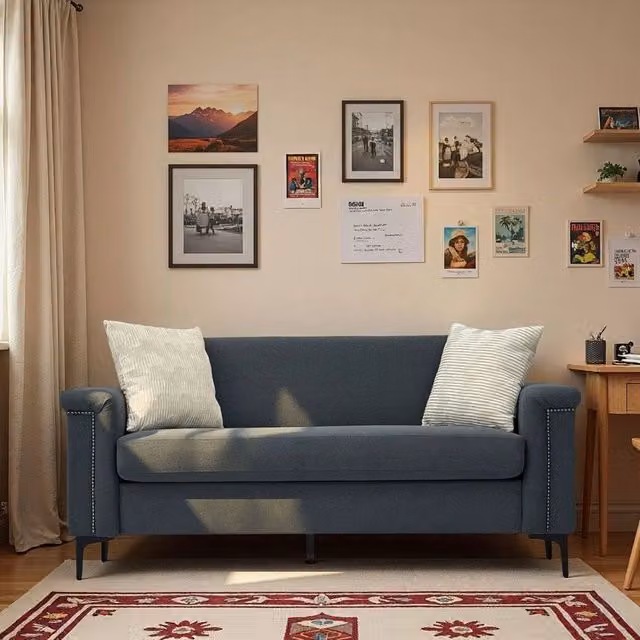 Divano 2 posti minimalista - Xylo - Piedi metallici, tessuto lino, grigio
