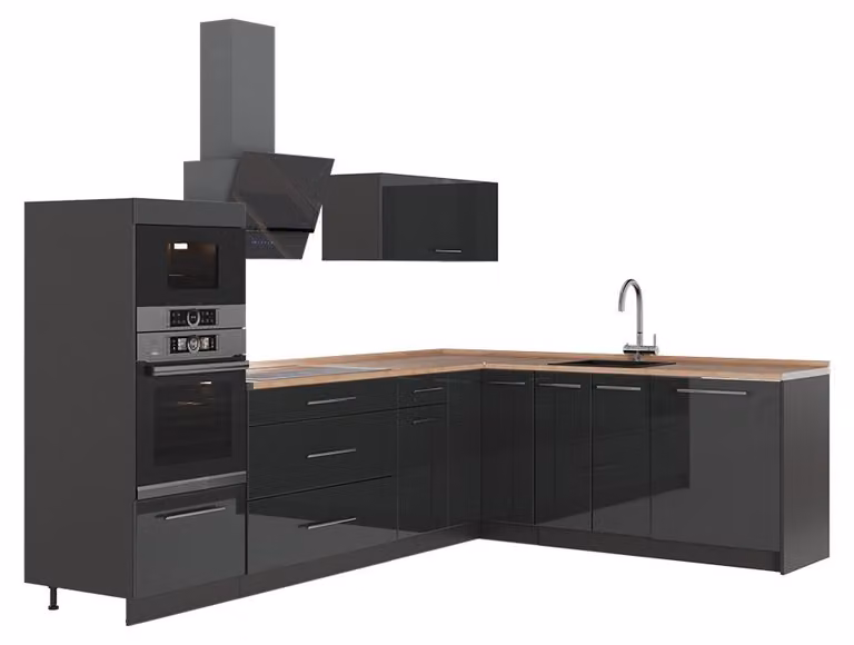 Cucina angolare completa Vicco Fame-Line Antracite lucido/Antracite 287 x 207 cm, PL Rovere, Model 63460